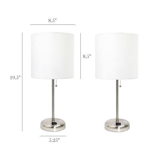 LT2024-WHT Brushed Steel Stick Table Desk Lamp with Charging Outlet and Drum Fabric Shade, White Shade