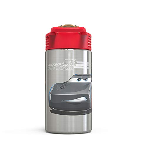Disney Cars 3 - Stainless Steel Water Bottle with One Hand Operation Action Lid and Built-in Carrying Loop, Kids Water Bottle with Straw Spout is Perfect for Kids (15.5 oz, 18/8, BPA-Free)