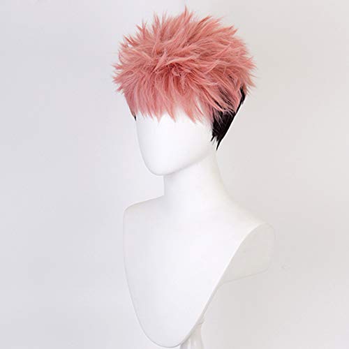 Anime Yuji Itadori Cosplay Wig and Tattoo Sticker Pink Mixed Black Short Curly Party Hair Halloween Props Accessory for adult