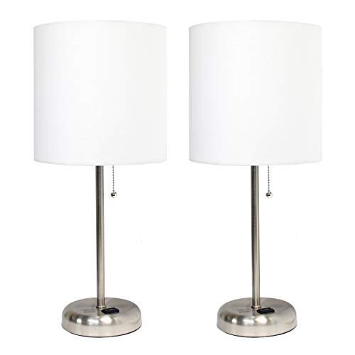 LT2024-WHT Brushed Steel Stick Table Desk Lamp with Charging Outlet and Drum Fabric Shade, White Shade