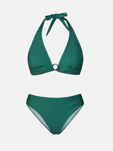 Women Halter Bikini Swimsuit O Ring Self Tie Ruched Mid Waisted Two Piece Bathing Suit, M