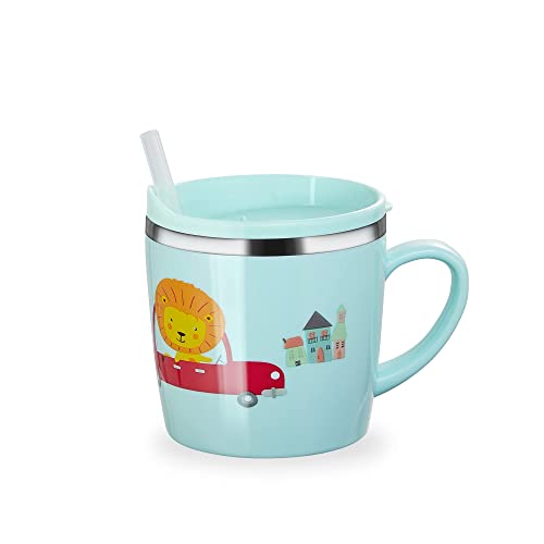 Kids Baby Toddler Cups Mug Sippy Learning Trainer Cup for Milk Coffee Hot Chocolate Stainless Steel Trainer Straw Cup with Lid, Lion, 7oz/Peacock blue