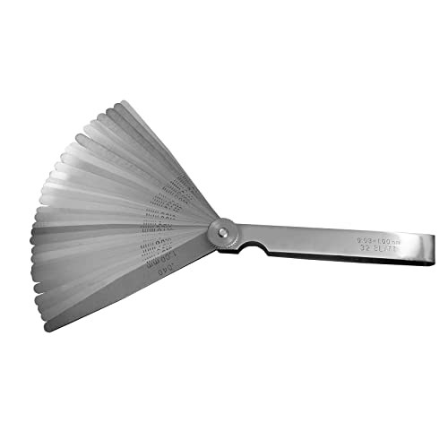Feeler Gauges 0.001-0.04 (0.03-1.00mm) 32 Blades Tapered Feeler Gauge Set Stainless Steel Dual Marked SAE and Metric for Measuring Gap Thickness or Width for Spark Plug, Valve, Piston, Guitar