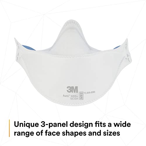 Aura Particulate Respirator 9205+, N95, Pack of 20 Disposable Respirators, Individually Wrapped, 3 Panel Flat Fold Design Allows for Facial Movements, Comfortable, NIOSH Approved, Smoke