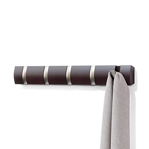 Flip Wall-Mounted Coat Rack Rail Hook for Hats, Jackets, Bags and More – Modern, Space-Saving Storage Organizer for Entryway, Mudroom, Closet, Bathroom, Bedroom, Kids Room, or Nursery, 5 Hooks, Espresso/Nickel