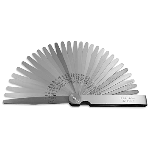 Feeler Gauges 0.001-0.04 (0.03-1.00mm) 32 Blades Tapered Feeler Gauge Set Stainless Steel Dual Marked SAE and Metric for Measuring Gap Thickness or Width for Spark Plug, Valve, Piston, Guitar