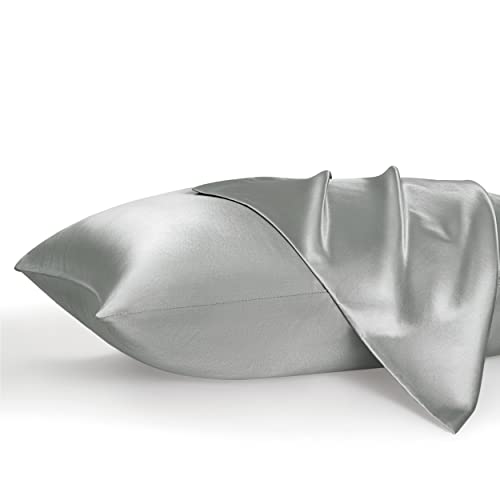 Satin Pillowcases, Similar to Silk Pillow Cases Queen Size Set of 2, Cooling Pillow Case for Hot Sleepers with Envelope Closure, Gifts for Women Men, Silver Grey, 20x30 Inches