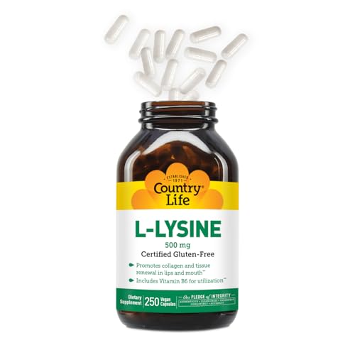 L-Lysine 500mg with B-6, Supports Immune Health, Promotes Collagen Renewal in Lips and Mouth, 250 Vegan Capsules, Certified Gluten Free, Certified Vegan