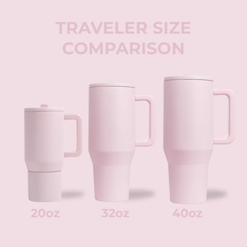 Traveler - 40 oz Water Bottle with Handle & Flip Straw - Fits in Cup Holder, Leak Resistant Tumbler-Reusable Insulated Stainless Steel & Rubber Base - Gifts for Women & Men, Pink Sand