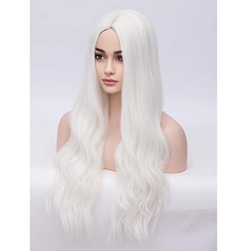 28' Women Girls Long Wavy Synthetic Wigs for Costume Play Party with Wig Cap (White)
