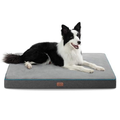 Memory Foam Dog Bed for Extra Large Dogs - Orthopedic Waterproof Pet Mat for Crate with Removable Washable Cover and Nonskid Bottom - Water-Resistant Plush Flannel Fleece Top Pet Bed, Grey