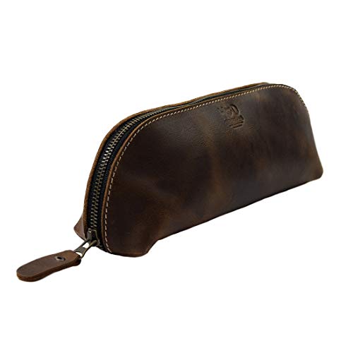 , Durable Leather Makeup Pouch, Cosmetics Case, Pencil & Pen Bag, Travel Essentials, Cable & Phone Purse, Handmade Includes 101 Year Warranty :: Bourbon Brown