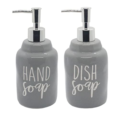 2 Pack Ceramics Hand Soap and Dish Soap Dispenser Set for Kitchen and Bathroom, Refillable Liquid Hand Soap Dispenser, Premium Kitchen Soap Dispenser, Perfect for Counter Décor (Gray)