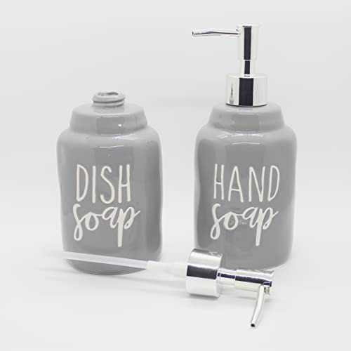 2 Pack Ceramics Hand Soap and Dish Soap Dispenser Set for Kitchen and Bathroom, Refillable Liquid Hand Soap Dispenser, Premium Kitchen Soap Dispenser, Perfect for Counter Décor (Gray)