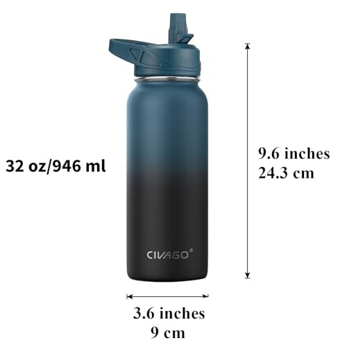 32 oz Insulated Water Bottle With Straw, Stainless Steel Sports Water Cup Flask with 3 Lids (Straw, Spout and Handle Lid), Wide Mouth Travel Thermal Mug, Black