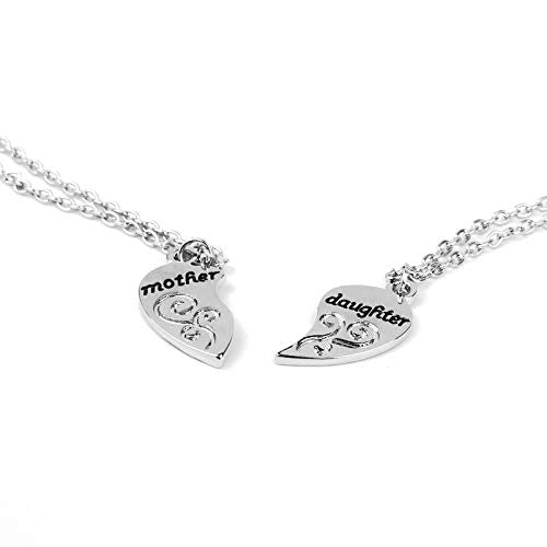 2 Pieces Silver Pendants Necklace Heart Mother and Daughter Pendant Sweater Chain Fashion Jewelry Christmas Birthday Gift