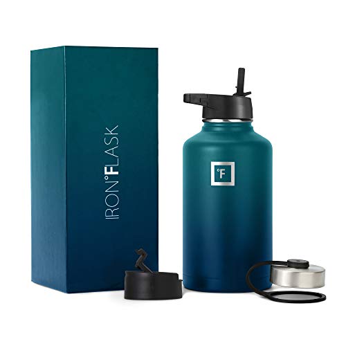 Camping & Hiking Hydration Flask, Wide Mouth, 3 Straw Lids, Stainless Steel Outdoor Water Bottle, Double Walled, Insulated Thermos, Metal Canteen - Dark Night, 64 Oz