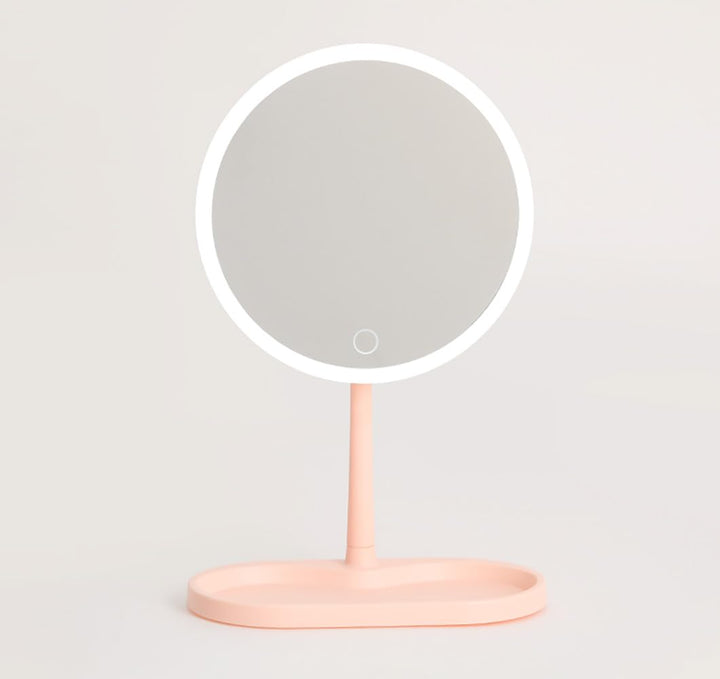 LED Makeup Mirror with Touch Control - Decorative Vanity Mirror for Bedroom & Desk,Tabletop Beauty Mirror Bathroom Bedroom Dressing Mirror(Round LED, Pink)