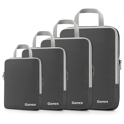 Compression Packing Cubes, 4pcs Expandable Storage Travel Luggage Bags Organizers (Deep Gray)
