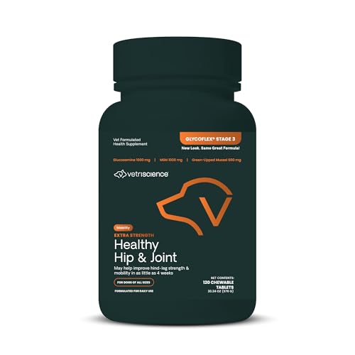 VetriScience Glycoflex 3 Clinically Proven Hip and Joint Supplement for Dogs - Maximum Strength Dog Supplement with Glucosamine, MSM, Green Lipped Mussel & DMG - 120 Chewable Tablets, Chicken Flavor