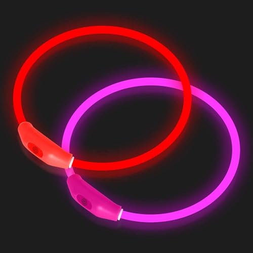 2-Pack LED Dog Collar, Light Up Dog Collars,Rechargeable Dog Lights for Night Walking,Universal, Reusable Safety Necklace for Small Medium Large Dogs RED&Pink