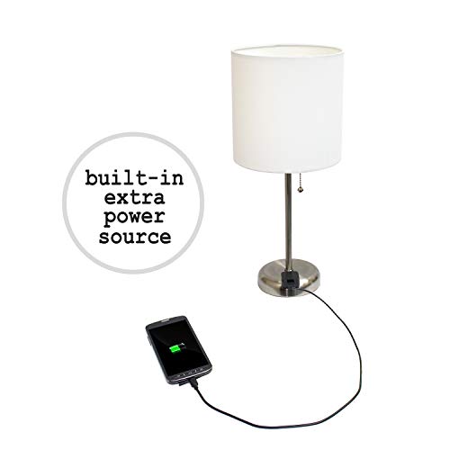 LT2024-WHT Brushed Steel Stick Table Desk Lamp with Charging Outlet and Drum Fabric Shade, White Shade