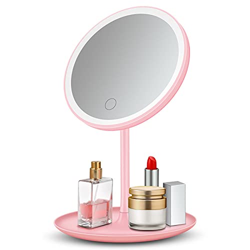 LED Makeup Mirror with Touch Control - Decorative Vanity Mirror for Bedroom & Desk,Tabletop Beauty Mirror Bathroom Bedroom Dressing Mirror(Round LED, Pink)