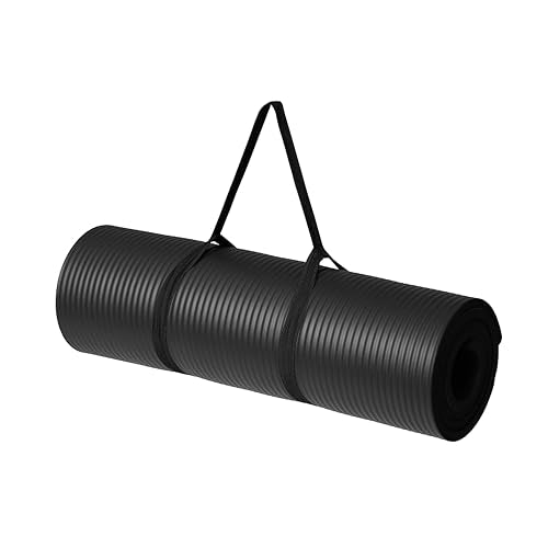 1/2 Inch Extra Thick Exercise Yoga Mat with Carrying Strap, Cushioned Support, for Fitness and Gym Workouts, Black