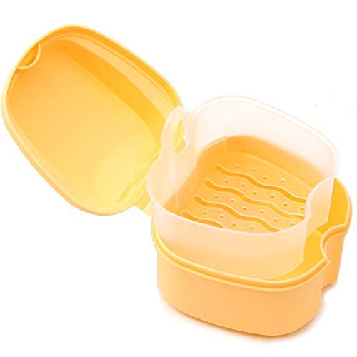 Denture Case, Denture Cup with Strainer, Denture Bath Box False Teeth Storage Box with Basket Net Container Holder for Travel, Retainer Cleaning (Blue) (Light Orange)