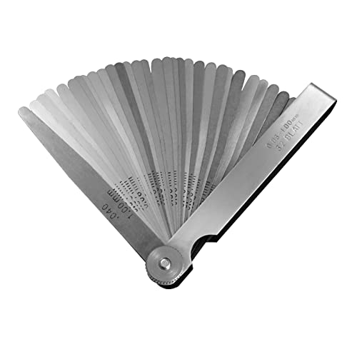 Feeler Gauges 0.001-0.04 (0.03-1.00mm) 32 Blades Tapered Feeler Gauge Set Stainless Steel Dual Marked SAE and Metric for Measuring Gap Thickness or Width for Spark Plug, Valve, Piston, Guitar