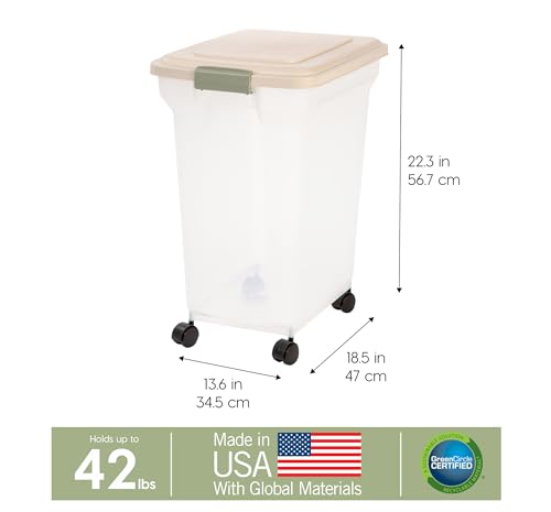 USA WeatherPro Airtight Dog Food Storage Container, Up to 42 lbs, Attachable Wheels, For Dog Cat Bird and Other Pet Food Storage Bin, Keep Fresh, Translucent Body, Clear/Almond