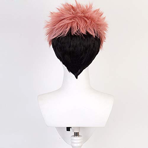 Anime Yuji Itadori Cosplay Wig and Tattoo Sticker Pink Mixed Black Short Curly Party Hair Halloween Props Accessory for adult