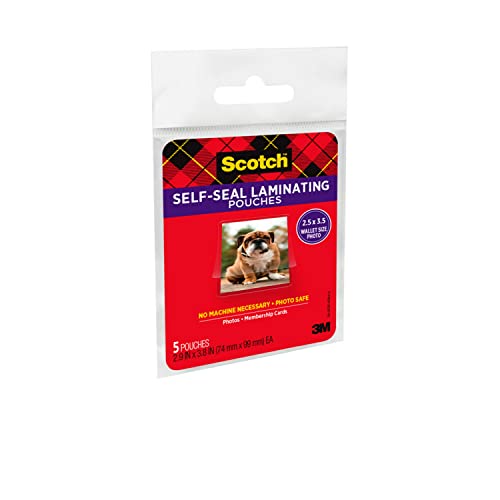 Self-Sealing Laminating Pouches, Wallet Photo Size, Glossy Finish, 2 1/2 in. x 3 1/2 in., 5 Pouches