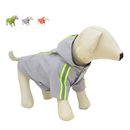 Fashion Hooded Pet Dog Raincoat, Lightweight Dog Rain Jacket Zipper Closure Rain Poncho with Reflective Strip for French Bulldog Pugs Gray B-M