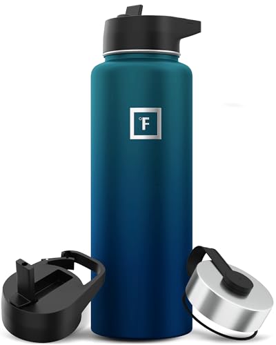 Camping & Hiking Hydration Flask, Wide Mouth, 3 Straw Lids, Stainless Steel Outdoor Water Bottle, Double Walled, Insulated Thermos, Metal Canteen - Dark Night, 40 Oz