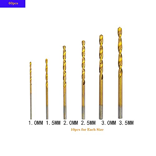 60PCS Titanium Micro Twist Drill Bits 1mm, 1.5mm, 2mm, 2.5mm, 3mm, 3.5mm-10pcs for Each,Small Fully Ground Mini Drill Bits for Wood, Plastic, Aluminum,DIY Making Craft Engraving