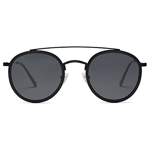 Retro Vintage Round Polarized Sunglasses for Women Men Small Double Bridge Circle Sunnies SJ1104, Dark Black/Grey
