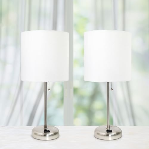 LT2024-WHT Brushed Steel Stick Table Desk Lamp with Charging Outlet and Drum Fabric Shade, White Shade