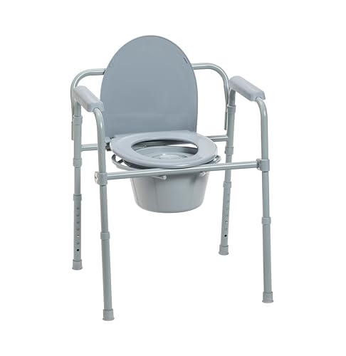 11148-1 Folding Steel Bedside Commode Chair, Portable Toilet, Supports Individuals Weighing Up To 350 Lbs, with 7.5 Qt. Bucket and 13.5 Inch Seat, Grey