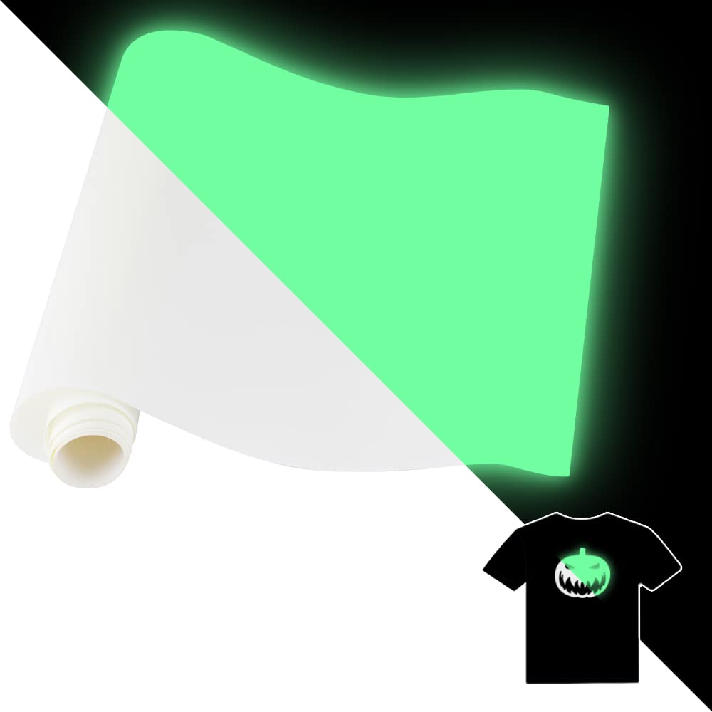 Heat Transfer Vinyl Roll 12in.x 10ft, White to Green Glow in The Dark HTV Vinyl for DIY T Shirts, Iron on Vinyl for Cricut Heat Press Machine, White-Green