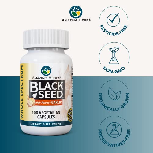Whole Spectrum Black Seed & High Potency Garlic, Vegetarian Capsules - Gluten-Free, Non-GMO, Vegan, Supports Immune System, Lung Function, & Cardiovascular Health - 100 Count