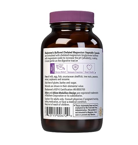 Bluebonnet Nutrition Albion Buffered Chelated Magnesium 200 mg, Magnesium Oxide, Stress Relief, Vegan, Non GMO, Gluten Free, Soy Free, Milk Free, Kosher, 60 Vegetable Capsules, 1 Month Supply