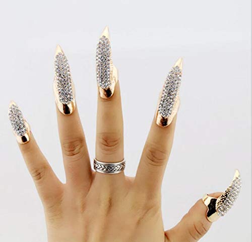 Ericotry Set of 5 Punk Style Finger Claw Ring Gothic Jewelry False Nail Retro Clear Crystal Talon Finger Ring Knuckle Bend Finger Claw for Cosplay Party (Glod)