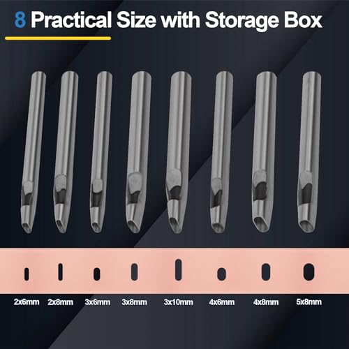 8 Size Oval Hole Punch for Leather 2mm-5mm, Leather Craft Punch Tools Set Hollow Punching Oval Belt Hole Cutter Tool for Watch Band, Belt, Leather Crafting with Storage Box