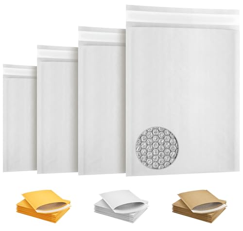 White Kraft Bubble Mailer Envelopes, 9.5 x 13 Inches. 25 Pack Mail Padded Envelopes Self Seal. Waterproof Kraft Bubble Mailers. Tear-Resistant Padded Mailing Envelopes