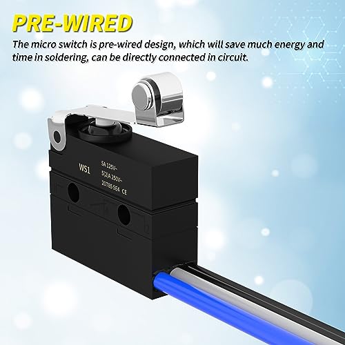 Micro Switch with Lever Waterproof IP67 Sealed Roller Lever Limit Switch SPDT 3 PIN Pre-Wired Micorswitch 5A 250VAC -2PC