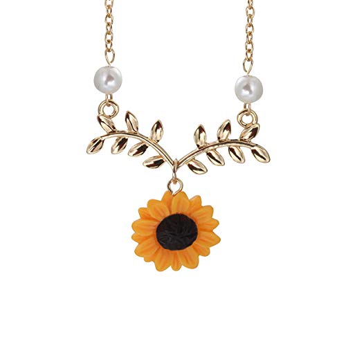 Set of 5 Sunflower Faux Pearl Leaf Chain Resin Boho Petal Pendant Necklace with Sunflower Bracelet Earrings Ring for Women Jewelry Accessories (Gold)