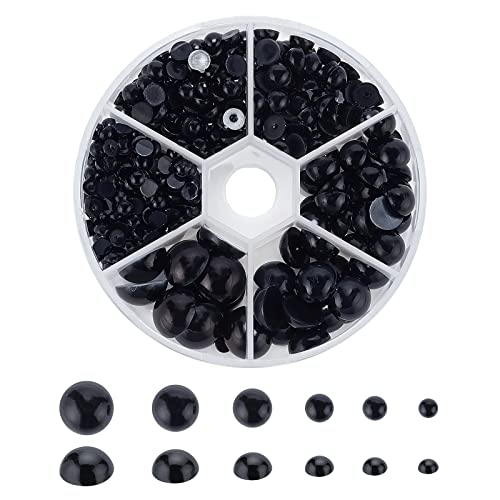 Black Flat Backed Pearls, 690pcs Half Round Pearl Beads 6 Sizes Pearl Cabochon for DIY Scrapbook Phone Case Wedding Decor Hair Nail Accessory Eye, 4/5/6/8/10/12mm