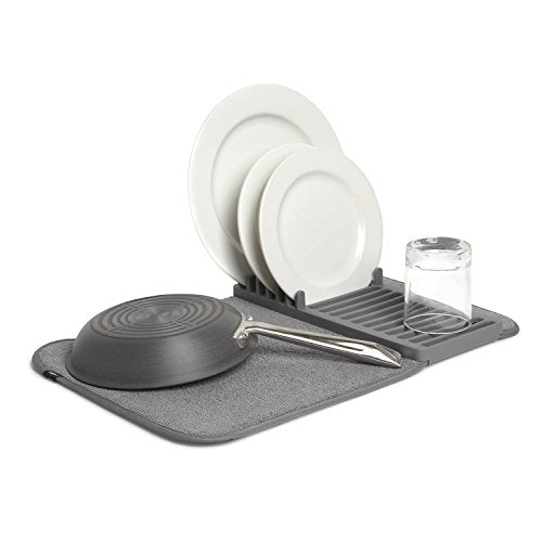Udry Dish Rack and Microfiber Drying Mat – Space-Saving Design Folds Up for Easy Storage, Mini Rack, Gray