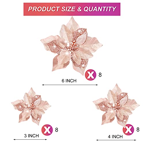 24 Pieces Christmas Artificial Glitter Poinsettia Flowers Xmas Flowers Wedding Christmas Tree New Year Ornaments(Rose Gold)